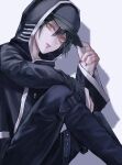  1boy bangs black_hair black_headwear black_jacket black_pants closed_mouth commentary_request danganronpa_(series) danganronpa_v3:_killing_harmony feet_out_of_frame grey_background hair_between_eyes highres hood hood_up jacket long_sleeves looking_at_viewer male_focus multicolored_nails nail_polish pants saihara_shuuichi short_hair simple_background sitting solo striped striped_jacket watermark z-epto_(chat-noir86) 