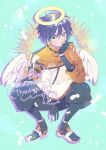  0lban 1boy angel angel_wings blue_background blush closed_mouth full_body green_eyes halo heterochromia indie_virtual_youtuber jacket long_sleeves male_focus pants purple_hair senyaogg shoes short_hair sneakers solo squatting virtual_youtuber wings yellow_eyes 