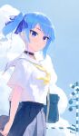  1girl bag bangs blue_eyes blue_hair blue_ribbon blue_skirt blue_sky blush choker closed_mouth clouds cloudy_sky cowboy_shot day from_side hair_ribbon highres hololive hoshimachi_suisei looking_at_viewer looking_to_the_side makimaki_makky7 neckerchief outdoors pleated_skirt railroad_crossing ribbon sailor_collar school_bag school_uniform shadow shiny shiny_hair shirt short_sleeves side_ponytail sidelocks skirt sky solo standing virtual_youtuber white_shirt yellow_neckerchief 