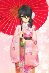  1girl alternate_costume bangs black_hair blush closed_mouth floral_print flower hair_between_eyes hair_flower hair_ornament hair_over_shoulder highres holding holding_umbrella japanese_clothes kamyu114 kimono long_hair long_sleeves looking_at_viewer obi oil-paper_umbrella pink_kimono ponytail print_kimono red_umbrella sash solo standing tales_of_(series) tales_of_berseria umbrella velvet_crowe white_flower wide_sleeves yellow_eyes 