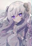  +_+ 1girl bangs bow cross dress dress_bow frilled_sleeves frills frown grey_dress grey_hair highres holding holding_cross long_hair long_sleeves looking_at_viewer mogmogyasai original simple_background solo upper_body violet_eyes white_background white_bow 