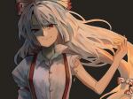  1girl absurdres arm_strap bangs bow closed_mouth collared_shirt commentary fujiwara_no_mokou grey_background hair_bow hand_up highres juliet_sleeves long_hair long_sleeves puffy_sleeves red_bow red_eyes shirt simple_background smile solo suspenders torn_sleeve touhou two-tone_bow upper_body white_bow white_shirt yasei_akazome 