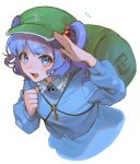  1girl :d backpack bag bangs blue_eyes blue_hair blue_shirt blue_skirt cabbie_hat commentary_request cropped_torso frilled_shirt_collar frills green_bag green_headwear hair_bobbles hair_ornament hat highres kawashiro_nitori key long_sleeves looking_at_viewer medium_hair noriuma notice_lines open_mouth salute shirt simple_background skirt smile solo touhou two_side_up white_background 