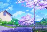  absurdres blue_sky building chain-link_fence cherry_blossoms clouds commentary day fence flower grass highres house lamppost no_humans original power_lines richtsu road road_sign scenery shadow sign sky tree utility_pole 
