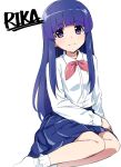  1girl bangs blue_hair blue_skirt blunt_bangs bow character_name closed_mouth collared_shirt commentary_request furude_rika haaam highres higurashi_no_naku_koro_ni hime_cut long_hair long_sleeves looking_at_viewer pink_bow school_uniform shirt sidelocks simple_background sitting skirt smile socks solo st._lucia_academy_school_uniform upper_body violet_eyes white_background white_shirt white_socks 