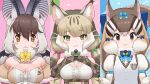  3girls animal_costume animal_ear_fluff animal_ears bat_wings black_eyes bow bowtie breasts brown_eyes brown_hair brown_long-eared_bat_(kemono_friends) closed_mouth green_eyes grey_hair jungle_cat_(kemono_friends) kemono_friends kemono_friends_v_project large_breasts long_hair looking_at_viewer microphone multicolored_hair multiple_girls shirt siberian_chipmunk_(kemono_friends) simple_background smile tail virtual_youtuber white_hair wings yoshizaki_mine 
