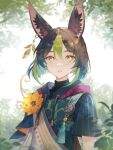  1boy absurdres animal_ear_fluff animal_ears bangs black_hair commentary earrings flower fox_boy fox_ears genshin_impact green_eyes green_hair hair_between_eyes highres hood hood_down jewelry looking_at_viewer male_focus medal miji_black multicolored_hair orange_flower parted_lips short_sleeves single_earring solo streaked_hair symbol-only_commentary tassel tighnari_(genshin_impact) 