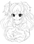  1girl ameyu_(rapon) check_copyright closed_mouth collarbone copyright_request eyelashes fingernails frown greyscale hair_between_eyes hand_gesture highres hood hood_down hoodie long_hair looking_at_viewer monochrome original short_twintails simple_background solo twintails upper_body white_background 