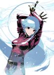  1girl belt blue_hair bodysuit breasts cofffee cowboy_shot cryokinesis gloves kula_diamond long_hair looking_at_viewer simple_background small_breasts smile the_king_of_fighters violet_eyes white_background 