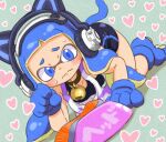  1girl all_fours animal_collar animal_hands bell bike_shorts black_shorts blue_eyes blue_hair blush bowl brown_collar cat_ear_headphones cat_tail closed_mouth collar food frown furrowed_brow gloves green_background hand_up headphone-chan_(splatoon) headphones heart highres inkling inkling_girl jingle_bell long_hair neck_bell paw_gloves paw_pose paw_shoes pet_bowl shadow shorts single_vertical_stripe solo splatoon_(manga) splatoon_(series) sushi sweat tail tank_top tentacle_hair wavy_mouth yugmlecpdduukox 