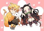  1boy 1girl absurdres agatsuma_zenitsu animal_ears bamboo black_hair blonde_hair cat_boy cat_ears cat_girl closed_eyes demon_slayer_uniform hair_ornament hair_ribbon haori highres japanese_clothes kamado_nezuko kimetsu_no_yaiba kimono long_hair long_sleeves looking_at_viewer multicolored_hair pink_eyes pink_kimono pink_ribbon pori_(kmt_pori) ribbon short_hair smile teeth very_long_hair yellow_eyes 