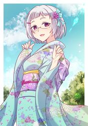  1girl :d blue_kimono blue_sky blush clouds day e20 floral_print glasses grey_hair hands_up highres japanese_clothes kimono long_sleeves looking_at_viewer obi original print_kimono red_eyes sash semi-rimless_eyewear short_hair sky sleeves_past_wrists smile solo sun thick_eyebrows under-rim_eyewear wide_sleeves 