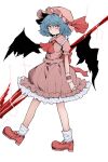  1girl absurdres ascot bat_wings black_wings blue_hair closed_mouth fe_(tetsu) from_side full_body hat hat_ribbon high_heels highres holding holding_weapon looking_at_viewer mob_cap pink_headwear pink_shirt pink_skirt red_ascot red_eyes red_footwear red_ribbon remilia_scarlet ribbon shirt short_hair short_sleeves skirt socks solo spear_the_gungnir touhou weapon white_socks wings wrist_cuffs 