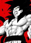 1boy abs absurdres black_hair body_fur dragon_ball dragon_ball_gt fighting_stance highres large_pectorals liedein male_focus monkey_boy monkey_tail monochrome muscular muscular_male open_mouth pectorals powering_up screaming son_goku spiky_hair super_saiyan super_saiyan_4 tail teeth topless_male yellow_eyes 
