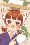  1girl animal_crossing animal_ears bangs blue_kimono blunt_bangs blush brown_eyes brown_hair brown_nails daisy_mae_(animal_crossing) food hat head_scarf highres holding holding_food holding_vegetable japanese_clothes kamui_(kamuikaoru) kimono looking_at_viewer medium_hair object_on_head parted_lips personification pig_ears pig_girl pig_nose runny_nose short_twintails snot solo turnip twintails upper_body vegetable white_headwear 