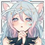  1girl aiueonigiri animal_ears blue_hair blush commission facing_viewer highres indie_virtual_youtuber long_hair looking_down mole mole_under_eye open_mouth own_hands_together profile second-party_source skeb_commission solo violet_eyes virtual_youtuber white_background yunri_(vtuber) 