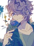  1boy :3 auko bangs blue_flower blue_rose blurry depth_of_field eyelashes flower garry_(ib) green_shirt hair_over_eyes highres holding holding_flower ib long_bangs multicolored_hair purple_hair rose shirt short_hair signature solo torn_jacket violet_eyes white_background 