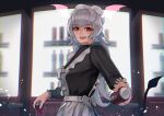  1girl absurdres can demon_girl demon_tail fang grey_hair highres holding holding_can long_hair long_sleeves looking_at_viewer maid open_mouth original punikiman red_eyes skin_fang smile solo tail vampire 