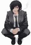  1girl black_hair black_necktie chainsaw_man cigarette collared_shirt eyepatch formal giganticbuddha green_eyes grin highres himeno_(chainsaw_man) jacket looking_at_viewer necktie one_eye_covered own_hands_clasped own_hands_together pants shirt short_hair smile smoking solo squatting suit white_shirt 