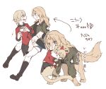  2girls animalization arrow_(symbol) bangs black_footwear black_shirt black_skirt blonde_hair blue_eyes blue_shorts boots braid brown_jacket carrying cat closed_eyes closed_mouth commentary cup darjeeling_(girls_und_panzer) dog emblem girls_und_panzer hasekura_(hachinochun) highres holding holding_cup jacket kay_(girls_und_panzer) long_hair long_sleeves looking_at_another military military_uniform miniskirt multiple_girls multiple_views open_mouth pleated_skirt princess_carry red_jacket saunders_military_uniform shirt short_hair short_shorts shorts skirt smile spilling st._gloriana&#039;s_military_uniform standing star_(symbol) tea teacup thigh-highs translated uniform 