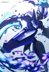  blue_fire blurry bright_pupils ceruledge commentary_request fire grey_background highres looking_down no_humans pokemon pokemon_(creature) solo tsukkon violet_eyes white_pupils 