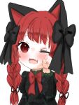  1girl ;d animal_ears ao_orin_ringo black_bow bow braid cat_ears chibi dress fang hair_bow hand_up highres kaenbyou_rin long_sleeves multiple_tails one_eye_closed paw_pose red_eyes redhead skin_fang smile solo tail touhou twin_braids 