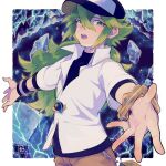  1boy aoya_(ayoyame18) baseball_cap black_shirt border collared_jacket electricity green_eyes green_hair hair_between_eyes hat looking_at_viewer male_focus n_(pokemon) open_mouth outside_border outstretched_arms pokemon pokemon_(game) pokemon_bw shirt signature solo teeth wristband 