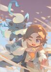  1boy ;d alec_(pokemon) brown_hair commentary_request happy highres hisuian_zorua holding holding_mask jacket koken_j long_sleeves male_focus mask one_eye_closed open_mouth pokemon pokemon:_hisuian_snow scarf short_hair smile tongue violet_eyes 