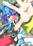  1girl @_@ ahoge animal_ears arm_up bangs blue_eyes blue_hair blurry blurry_background breath commentary_request crossed_bangs depth_of_field drawer ear_covers foreshortening from_above grass grin hair_between_eyes heterochromia highres horse_ears long_hair looking_at_viewer looking_up lying multicolored_hair on_back on_grass on_ground parted_lips reaching_out sharp_teeth sidelocks smile solo stuffed_toy teeth thin_(suzuneya) twin_turbo_(umamusume) twintails umamusume upper_body violet_eyes 