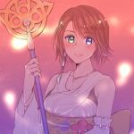  1girl blue_eyes breasts brown_hair closed_mouth collarbone detached_sleeves final_fantasy final_fantasy_x green_eyes hair_ornament heterochromia holding japanese_clothes jewelry looking_at_viewer maimi_ff necklace ring short_hair simple_background smile solo staff yuna_(ff10) 