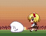 1girl :d animated animated_gif ascot black_footwear black_skirt blonde_hair chibi commentary_request hair_ribbon isu_(is88) lowres mochi_(touhou) open_mouth pixel_art red_ribbon ribbon rumia shoes short_hair skirt smile solo touhou |_| 
