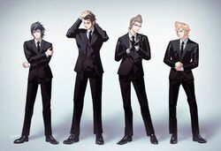  4boys adjusting_clothes adjusting_gloves adjusting_hair adjusting_sleeves black_footwear black_gloves black_hair black_jacket black_necktie black_panther black_suit blonde_hair brown_hair collared_shirt crossed_arms dress_shoes facial_hair final_fantasy final_fantasy_xv formal full_body gladiolus_amicitia glass gloves hair_between_eyes hair_slicked_back hinoe_(dd_works) ignis_scientia jacket long_sleeves multiple_boys necktie noctis_lucis_caelum prompto_argentum scar scar_across_eye shirt short_hair sideburns spiky_hair standing suit suit_jacket waistcoat white_shirt 