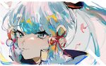  1girl bangs blue_eyes blue_hair chinese_knot closed_mouth commentary genshin_impact highres kamisato_ayaka light_blue_hair looking_at_viewer loomyoi2 medium_hair ponytail portrait smile solo 