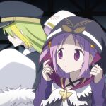  2girls alina_gray arm_warmers bangs black_headwear black_necktie blunt_ends breasts closed_mouth collar detached_collar detached_sleeves green_hair hair_bobbles hair_ornament hat hood hood_up magia_record:_mahou_shoujo_madoka_magica_gaiden magical_girl mahou_shoujo_madoka_magica medium_hair misono_karin momo_tomato multicolored_hair multiple_girls necktie parted_bangs parted_hair peaked_cap purple_hair sidelocks small_breasts straight_hair streaked_hair two_side_up violet_eyes white_collar 