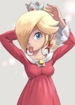  1girl alternate_hairstyle artist_request blonde_hair brooch crown dress earrings hair_over_one_eye jewelry long_sleeves looking_at_viewer non-web_source ponytail red_dress rosalina simple_background super_mario_bros. tiara upper_body 