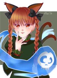  1girl :p animal_ears bow braid cat_ears cat_tail dress green_dress hair_bow harunonanashiki highres hitodama kaenbyou_rin long_sleeves multiple_tails nekomata red_eyes redhead solo tail tongue tongue_out touhou twin_braids two_tails 