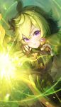  1girl ahoge bangs bow_(weapon) capelet collei_(genshin_impact) earrings genshin_impact glowing green_capelet green_hair hair_between_eyes hair_ornament highres holding holding_bow_(weapon) holding_weapon jewelry pistachiocream single_earring solo upper_body v-shaped_eyebrows violet_eyes weapon 