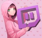  1girl brown_hair freeinni from_side green_eyes heart heart_background holding hood hood_up hooded_sweater long_sleeves looking_at_viewer original pink_background pink_sweater shiny shiny_hair short_hair sleeves_past_wrists solo sweater twitch.tv upper_body witch 