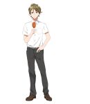  1boy bangs belt black_pants brown_eyes brown_footwear brown_hair closed_mouth collared_shirt food hand_on_hip hand_up hibike!_euphonium highres holding holding_food kitauji_high_school_uniform loafers looking_at_viewer nozo133 pants school_uniform shirt shoes short_hair short_sleeves simple_background smile solo standing tsukamoto_shuuichi white_background white_shirt 