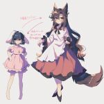  2girls :3 absurdres animal_ears barefoot black_footwear black_hair bow brown_hair carrot_necklace closed_mouth dress floppy_ears full_body hair_bow hands_on_hips happy haruwaka_064 highres imaizumi_kagerou inaba_tewi jewelry long_hair long_sleeves multiple_girls necklace pink_bow puffy_short_sleeves puffy_sleeves rabbit_ears rabbit_girl rabbit_tail red_eyes short_hair short_sleeves simple_background smile standing tail touhou translation_request very_long_hair white_background white_dress wide_sleeves wolf_ears wolf_girl wolf_tail 