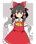  1girl ascot bare_shoulders black_eyes black_hair blush border bow closed_mouth detached_sleeves hair_bow hair_tubes hakurei_reimu ini_(inunabe00) japanese_clothes medium_hair nontraditional_miko red_bow red_skirt ribbon-trimmed_sleeves ribbon_trim sidelocks skirt solo touhou upper_body white_border white_sleeves wide_sleeves yellow_ascot 