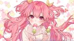  1girl bangs blush bow commentary_request dango flower food hair_bow hanagata holding holding_food long_hair looking_at_viewer momoi_airi official_art pink_eyes pink_flower pink_hair pink_theme project_sekai ribbed_sweater sanshoku_dango solo sweater two_side_up upper_body wagashi white_sweater yellow_bow yellow_flower 