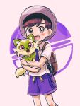  1boy :d backpack bag bangs blush brown_bag brown_eyes brown_hair collared_shirt commentary_request florian_(pokemon) grey_headwear hat highres holding holding_pokemon looking_at_viewer male_focus moyapippi necktie open_mouth pokemon pokemon_(creature) pokemon_(game) pokemon_sv purple_necktie purple_shorts shirt short_hair shorts smile sprigatito tongue white_shirt 