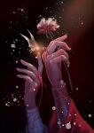  absurdres bandaged_hand bandages black_background bug butterfly flower hand_focus highres holding holding_flower hua_cheng jewelry renshengdeyixujinhuan88312 ring string string_of_fate tian_guan_ci_fu white_butterfly xie_lian 