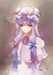  1girl artist_name bangs blue_bow blue_ribbon blunt_bangs bow breasts capelet closed_mouth crescent crescent_hat_ornament dress expressionless hair_bow hair_ribbon hat hat_ornament highres kureihii long_hair looking_at_viewer medium_breasts mob_cap multi-tied_hair patchouli_knowledge purple_background purple_hair red_ribbon ribbon scowl sidelocks simple_background solo striped striped_dress touhou tress_ribbon upper_body vertical-striped_dress vertical_stripes violet_eyes white_capelet white_dress 