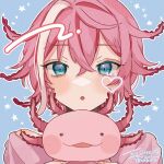  1other aiueonigiri androgynous axolotl blue_background blue_eyes blush commentary commission english_commentary heart indie_virtual_youtuber looking_at_viewer open_mouth ottolotl pink_hair profile short_hair skeb_commission solo star_(symbol) virtual_youtuber 
