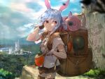  1girl animal_ears backpack bag belt blue_hair braid carrot cave_paintings clouds funi_mu9 gloves hat highres hololive jewelry looking_back miniskirt necklace pendant rabbit_ears rabbit_girl red_eyes ruins shirt short_eyebrows skirt sky smile solo thick_eyebrows usada_pekora virtual_youtuber zettai_ryouiki 