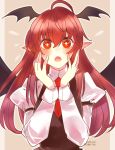  1girl bat_wings blush bright_pupils d: flying_sweatdrops hands_on_own_cheeks hands_on_own_face harunonanashiki head_wings koakuma long_hair long_sleeves open_mouth pointy_ears puffy_sleeves red_eyes redhead shirt solo touhou vest wings 