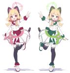  2girls :d absurdres animal_ears armpits bangs black_thighhighs blonde_hair blue_archive blunt_bangs bow breasts buttons cat_ears corset detached_sleeves dot_nose dress fake_animal_ears green_bow green_corset hair_bow halo highres light_blush long_sleeves looking_at_viewer midori_(blue_archive) momoi_(blue_archive) multiple_girls pn_(wnsl216) red_bow red_corset shadow siblings simple_background skirt small_breasts smile standing standing_on_one_leg striped striped_skirt tachi-e thigh-highs twins v v-shaped_eyebrows white_background white_dress white_footwear 