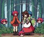  4girls anger_vein animal_ears animated animated_gif bamboo bamboo_forest blue_eyes blue_hair brown_hair bush carrying commentary disembodied_head falling fang forest grass_root_youkai_network imaizumi_kagerou inaba_mob_(touhou) inaba_tewi isu_(is88) jump_rope jumping long_hair lowres mermaid monster_girl multiple_girls multiple_heads mundane_utility nature piggyback pixel_art pleated_skirt prank princess_carry rabbit red_eyes redhead rope sekibanki sekibanki_day shirt short_hair skirt tail touhou tripping very_long_hair wakasagihime wolf_ears wolf_tail 